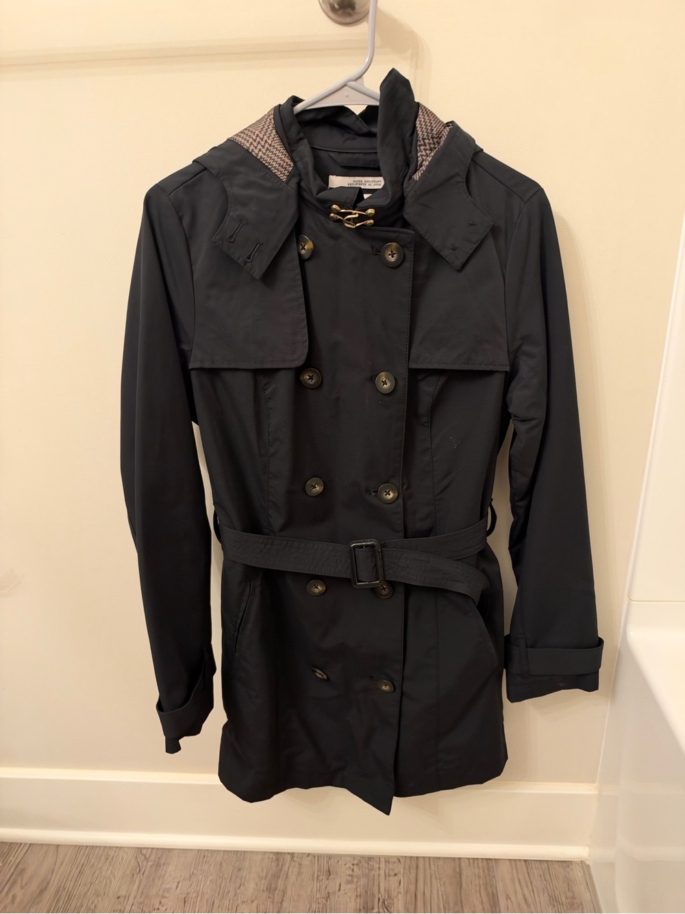 a new day Black Double-Breasted Hooded Trench with Belted Waist